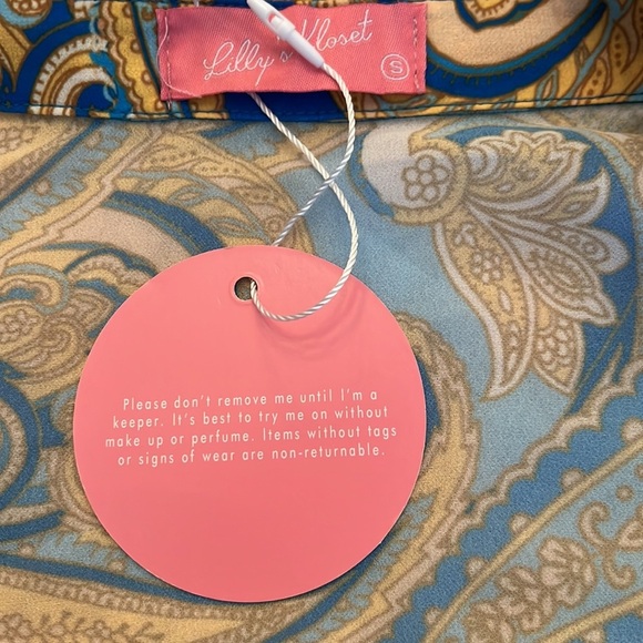 Lilly's Closet Women Blue Gold Pattern Top Size Small Shirt Collar Button Close - Picture 9 of 11